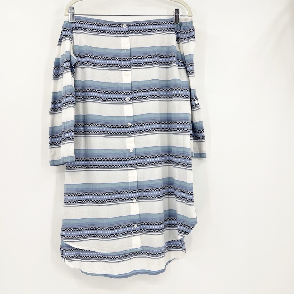 Chelsea & Violet Boho Off Shoulder Dress L Blue Striped Button Front
